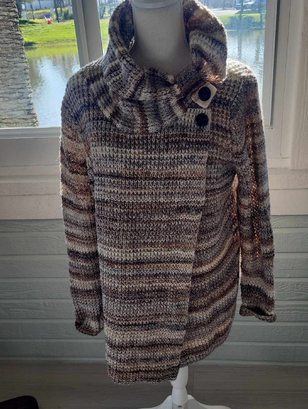 Leo & Nicole Brown Multi-Stripe Cowl Neck Sweater with Button Placket